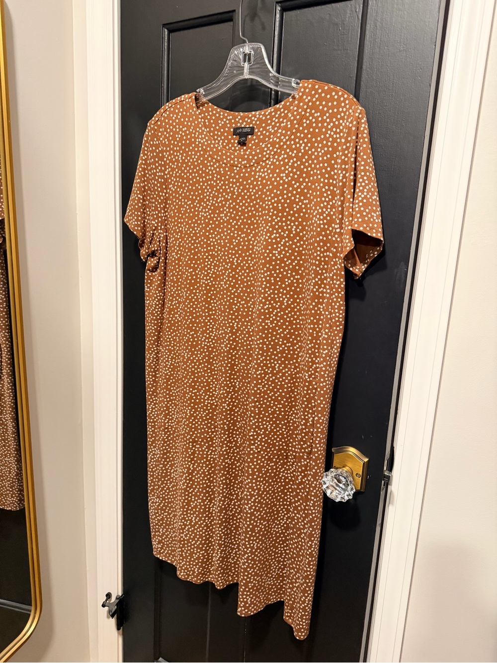 J Jill Caramel Dot Print Short Sleeve Midi Dress